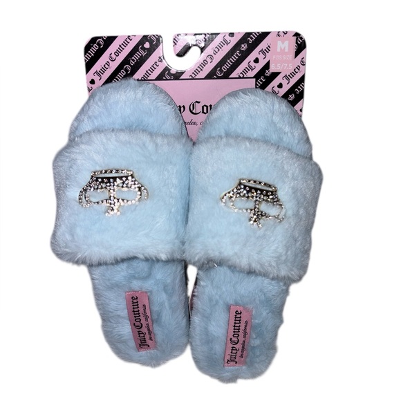 Juicy Couture Shoes - NWT Juicy Couture Slide Slippers Faux Fur Blue Silver Crown Women Size M 6.5-7.5